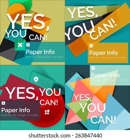 Set of flat design square banners with slogan - abstract geometric elements with text