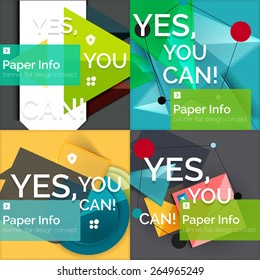 Set of flat design square banners with slogan - abstract geometric elements with text