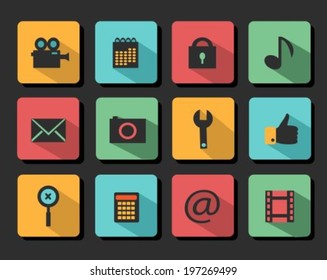 Set flat design square icons on a dark background
