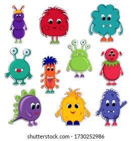 Set of flat design stickers with cute monsters. Isolated vector illustrations for kids, social media, web design, mobile message, chat, marketing material. Patches, pins and badges.