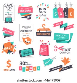 Set of flat design style badges and coupons for shopping. Vector illustrations for website and mobile website, product promotion, sale banner template, ads, print material.