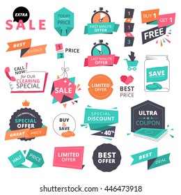 Set of flat design style badges and elements for shopping. Vector illustrations for website and mobile website, product promotion, sale banner template, ads, coupons, print material.