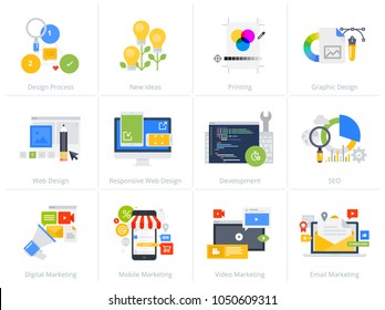 Set of flat design style concept icons isolated on white. Vector illustrations for web design and development, SEO, responsive web design, graphic design and creative process, internet marketing. Set of flat design style concept icons isolated on white. Vector illustrations for web design and development, SEO, responsive web design, graphic design and creative process, internet marketing.