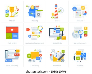 Set of flat design style concept icons isolated on white. Vector illustrations for business, management, consulting, communication, marketing, market research, app and web development, social media.