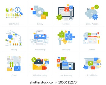 Set of flat design style concept icons isolated on white. Vector illustrations for business solutions and events, networking, clod computing, data analyst, live streaming and video marketing.