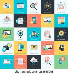 Set of flat design style concept icons for graphic and web design. Icons for website development, SEO, e-commerce, m-commerce, online marketing, cloud computing, social media.