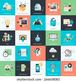 Set of flat design style concept icons for graphic and web design. Icons for marketing, business, e-commerce, m-commerce, finance.