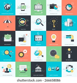 Set of flat design style concept icons for graphic and web design. Icons for finance, banking, m-banking, business, investment, marketing, e-commerce.