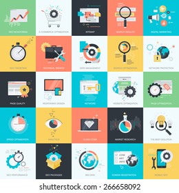 Set of flat design style concept icons for graphic and web design. Icons for website development, SEO, coding, e-commerce, digital marketing, app development, internet services.