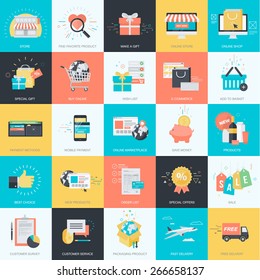 Set of flat design style concept icons for graphic and web design. Icons for e-commerce, m-commerce, online shopping.