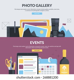 Set Of Flat Design Style Concepts For Photo Gallery, Portfolio, Stock Sites, E-commerce, Events, News. Concepts For Website Banners And Printed Materials, For Designers, Photographs, Artists.    