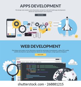 Set of flat design style concepts for website design and development, app development, SEO, mobile site development. Concepts for website banners and printed materials.    