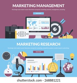 Conjunto de conceptos de diseño plano para marketing, negocios, gestión, consultoría, investigación de mercado, análisis competitivo, publicidad. Conceptos para banners de sitios web y materiales impresos.    