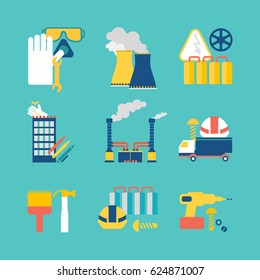 Set of flat design style decorative icons on blue background with nine images consisting of mototruck, smokestack, gloves, business building and working implements isolated vector illustration