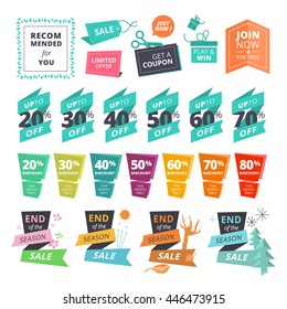 Set of flat design style stickers and ribbons for shopping. Vector illustrations for website and mobile website, product promotion, sale banner template, ads, coupons, print material.