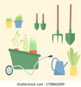 A set of flat design styled gardening tools and plant pots.