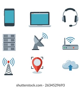 Set of flat design technology icons including smartphone, laptop, headset, server, satellite dish, Wi-Fi router, cell tower, GPS pin, and cloud upload. Modern vector icons for communication, internet,