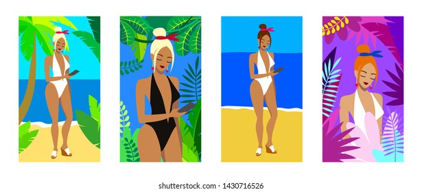 Set of flat design templates for summer holiday, travel, nature, tourism. Girl with phone on the beach.