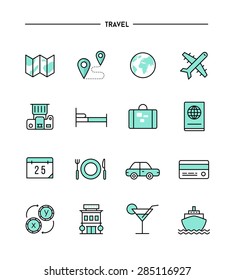 set of flat design, thin line travel icons, vector illustration