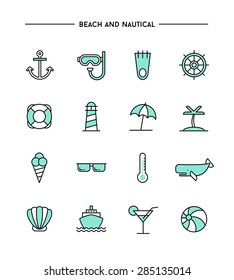 set of flat design, thin line beach and nautical icons, vector illustration