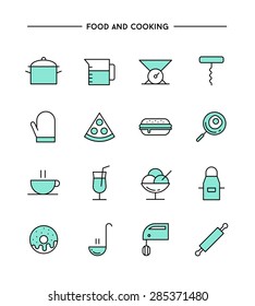 set of flat design, thin line food and cooking icons, vector illustration 