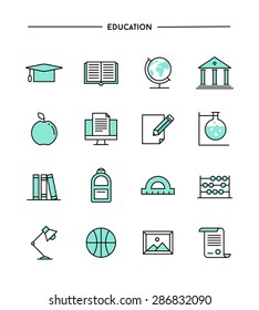 set of flat design, thin line education icons, vector illustration