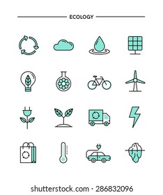 set of flat design, thin line ecology icons, vector illustration