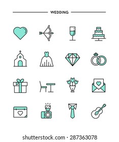 set of flat design, thin line wedding icons, vector illustration