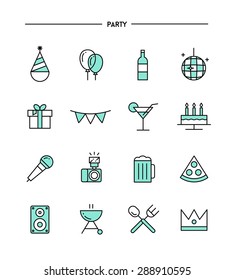 set of flat design, thin line party icons, vector illustration