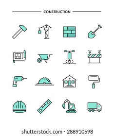 set of flat design, thin line construction icons, vector illustration