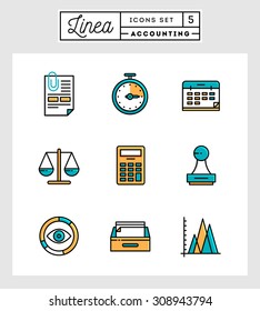 Set of flat design thin line icons of accounting elements, vector illustration