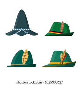 Set of flat design traditional green hats on white background. Side view. Vector illustration.