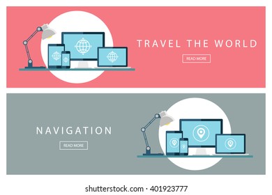 Set of flat design travel concepts. Travel the world and Navigation. Banners for web design, marketing and promotion. Presentation templates. Vector illustration.