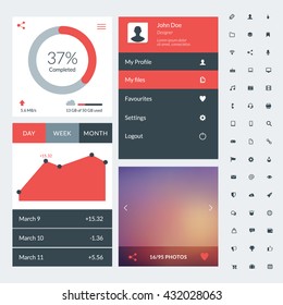 Set of flat design UI elements for website and mobile applications. Vector illustration. Icons, buttons, web elements