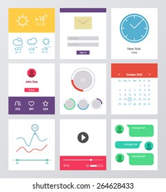 Set of flat design UI and UX elements for website and mobile app design. Mobile widgets collection. Weather, multimedia, player, message, calendar, clock interfaces.