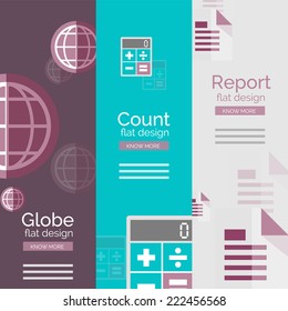 Set of flat design universal business concepts, banners with promo text - globe, count and calculating, report