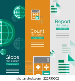 Set of flat design universal business concepts, banners with promo text - globe, count and calculating, report 