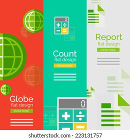 Set of flat design universal business concepts, banners with promo text - globe, count and calculating, report