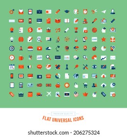 Set of flat design universal icons. Icons for business, marketing, education, technology, seo, media, communication, finance, shopping, e-commerce, nature, web and app development, design, sport.