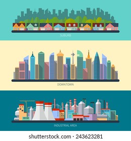 Set of flat design urban landscape illustrations including downtown, suburb and industrial landscapes