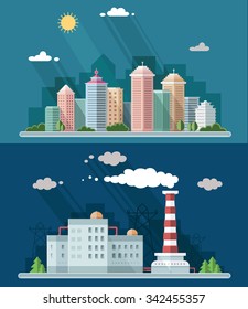 Set of flat design. Urban landscape illustrations including downtown, suburb and industrial landscapes