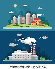 Set of flat design. Urban landscape illustrations including downtown, suburb and industrial landscapes