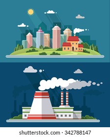Set of flat design. Urban landscape illustrations including downtown, suburb and industrial landscapes