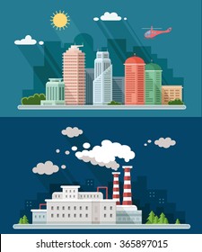 Set of flat design. Urban landscape illustrations including downtown, suburb and industrial landscapes