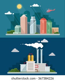 Set of flat design. Urban landscape illustrations including downtown, suburb and industrial landscapes