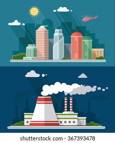 Set of flat design. Urban landscape illustrations including downtown, suburb and industrial landscapes