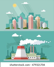 Set of flat design. Urban landscape illustrations including downtown, suburb and industrial landscapes