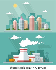 Set of flat design. Urban landscape illustrations including downtown, suburb and industrial landscapes