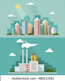 Set of flat design. Urban landscape illustrations including downtown, suburb and industrial landscapes