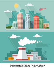 Set of flat design. Urban landscape illustrations including downtown, suburb and industrial landscapes